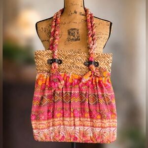 Cappelli Straworld Straw & Fabric Boho Tote Bag in Mustard and Pink